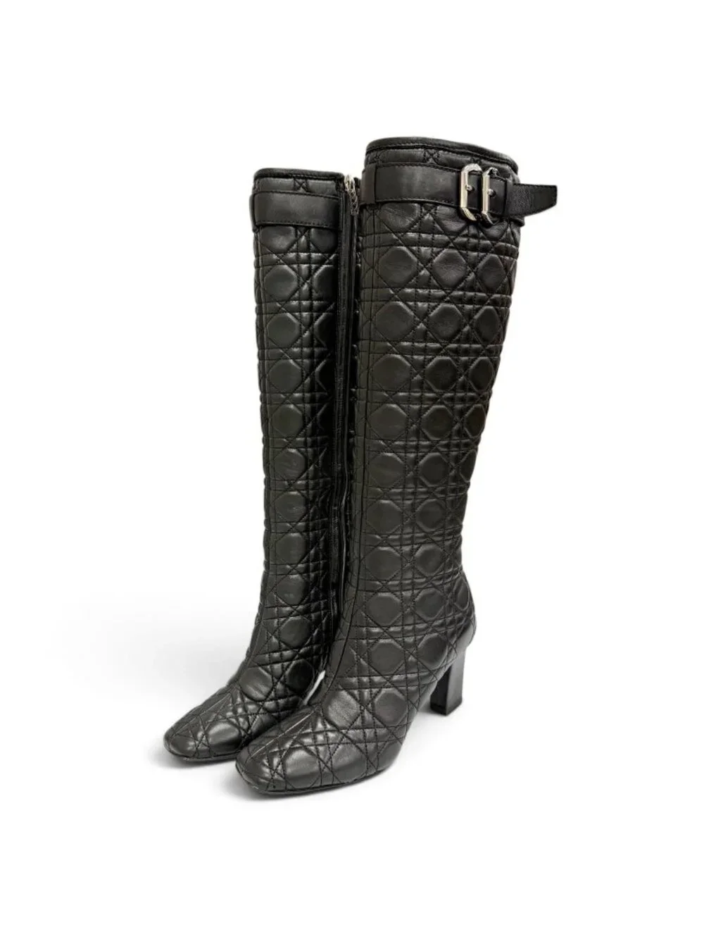 Dior Cannage Side Zip Leather Long Boots Black Silver